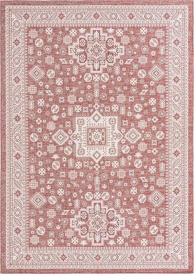 Unique Loom Outdoor Aztec Collection Area Rug - Chalca (10' x 14' 1" Rectangle, Rust Red/ Ivory)