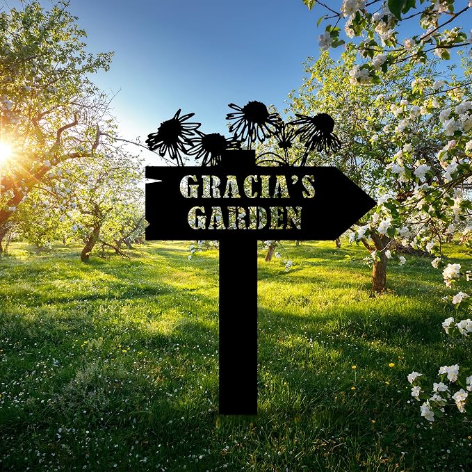 Personalized Flowers Garden Sign with Stakes, Custom Flowers Metal Garden Decor, Sign for Flower Beds, Metal Yard Art, Gift for Grandmother, Gift for Mom, Patio Garden Decorations, Housewarming Gift