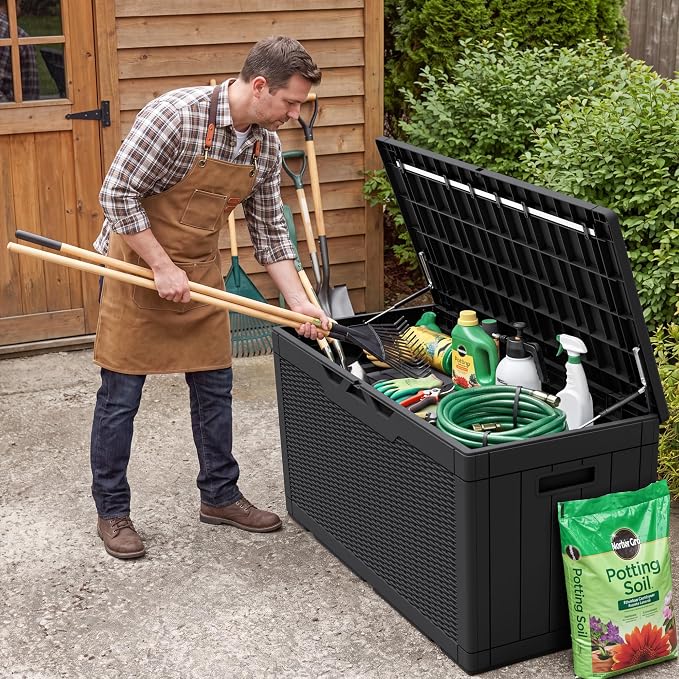 Flamaker Outdoor Storage Box 100 Gallon Waterproof Resin Deck Box Delivery Box with Air Rod Indoor Outdoor Lockable Storage Bench for Patio Cushions, Tools, Pool Accessories (Black)