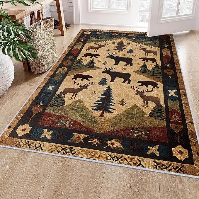 Farmhouse Cabin Area Rug Rustic Deer Bear Washable 3x5 Rugs for Living Room Bedroom Western Country Non-Slip Soft Floor Large Carpet for Office Entryway Bathroom