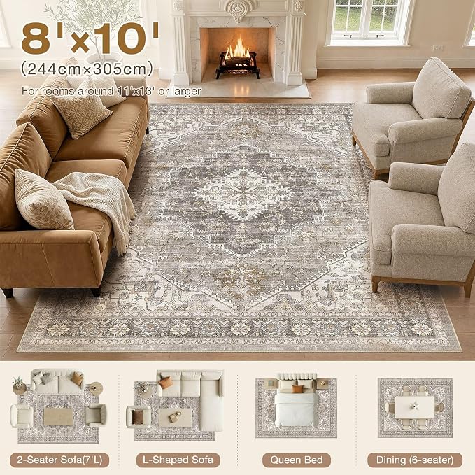 DTICON Vintage Washable 8x10 Area Rug Living Room Rugs, Taupe | Boho Distressed, Pet & Kid Friendly, Non-Slip Backing, Soft Polyester, Low-pile Carpet for Living Room, Bedroom, Dining Room