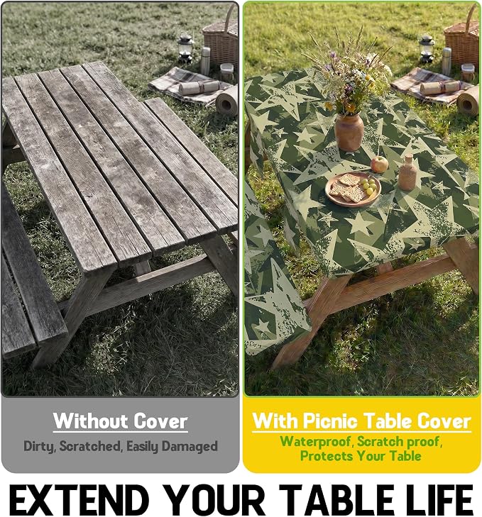 Picnic Table Cover with Bench Covers Waterproof Elastic Tablecloth Camping Essentials Gear Table Cloth Outdoor Glamping Cool Camping Gifts for Camper RV Owner Camping Lovers Family Couple Women Men