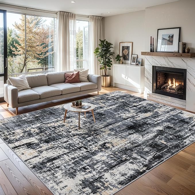 PLHXFR 10x14 Area Rug Living Room: Abstract Washable Carpet Black Gold | For Bedroom Dining Room Farmhouse Nursery Home,Machine washable,Non Slip,Large Soft Neutral,Stain Resistant, Indoor Floor