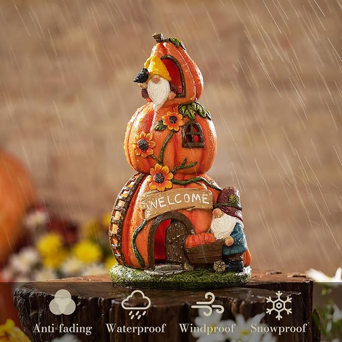 TERESA'S COLLECTIONS Fall Decor, Pumpkin Decor, Orange Pumpkin Fairy House and Gnomes Santa with Solar Lights, Waterproof Resin Outdoor Fall Decor, Fall Gifts Outdoor/Indoor, 6.7"
