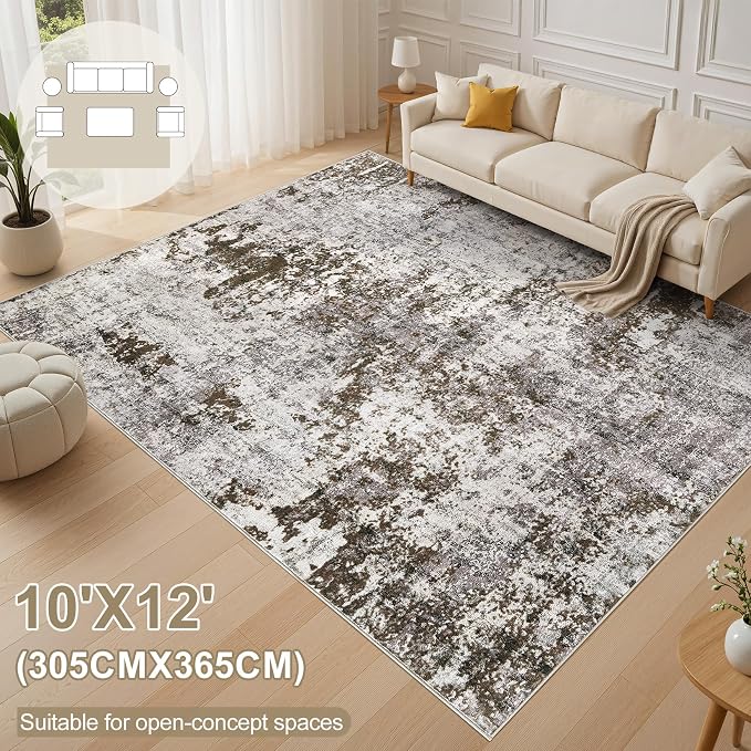 DMOYEST 10x12 Area Rug for Living Room Washable Abstract Indoor Carpet | Neutral Modern Low Pile Rugs Kid & Pet Friendly Large Soft Thin Carpet for Bedroom Dining Room - Dark Brown