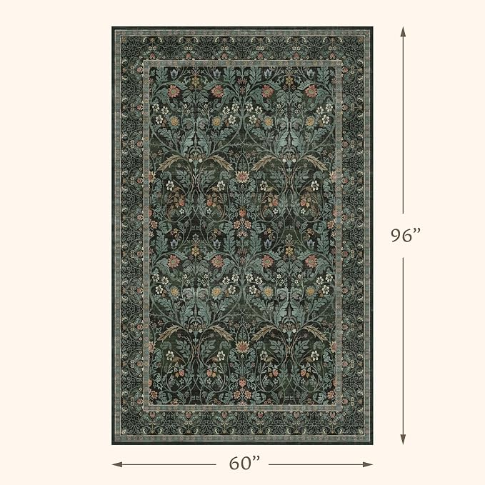 Dark Green 5x8 Dining Room Rug, Floral Washable Soft Non Slip Area Rugs for Living Room Bedroom Home Office Classroom, Vintage Indoor Décor, Botanical Pattern (Olive Green)