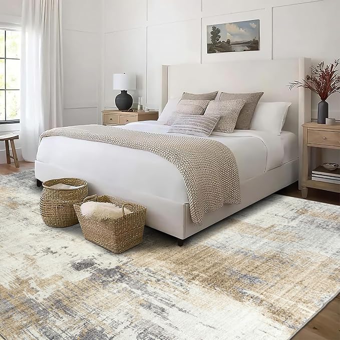 Machine Washable Area Rug - Living Room Bedroom Bathroom Kitchen Entryway Office - Padded Low Pile Stain Resistant Premium - Modern Abstract Contemporary - Quinn - Beige 7'6" x 9'6"