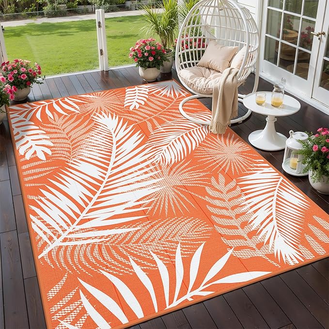 Outdoor Patio Rug, 6'x9' Plastic Straw Waterproof Mat, Reversible Camping Rug for RV Outside,Colorful Outside Layering Rug for Patios, Backyard, Deck, Balcony,Beach, Orange & White