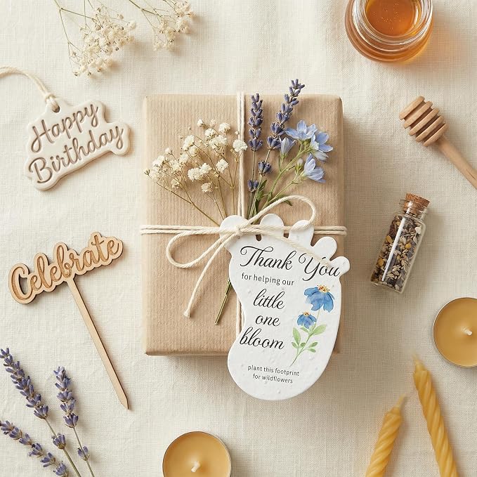 24pcs Blue Footprint-Shaped Gift Tags with Wildflower Seeds - Writable Gift Wrap Tags for Baby Showers, Mother's Day Present, Party Favors, DIY Crafts, & Earth Day Decorations