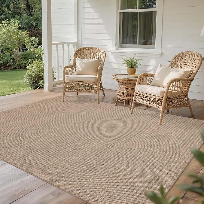 Easy Jute Rug 5x7 Outdoor: Natural Area Rugs for Patio Linen-Look Fabric Durable - Washable Carpet for Living Room Bedroom - Swirl Curved Pattern