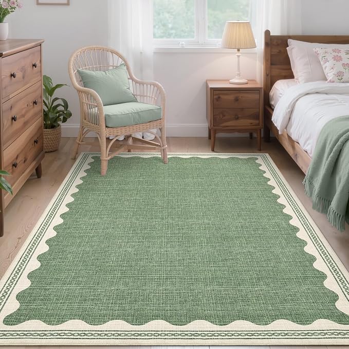 GarveeHome Scalloped 4x6 Rug Non-Slip Washable Low-Pile Carpet - Solid Sage Green Modern Rugs for Bedroom Living Room Nursery Kitchen Entryway Indoor Mat with Rubber Back