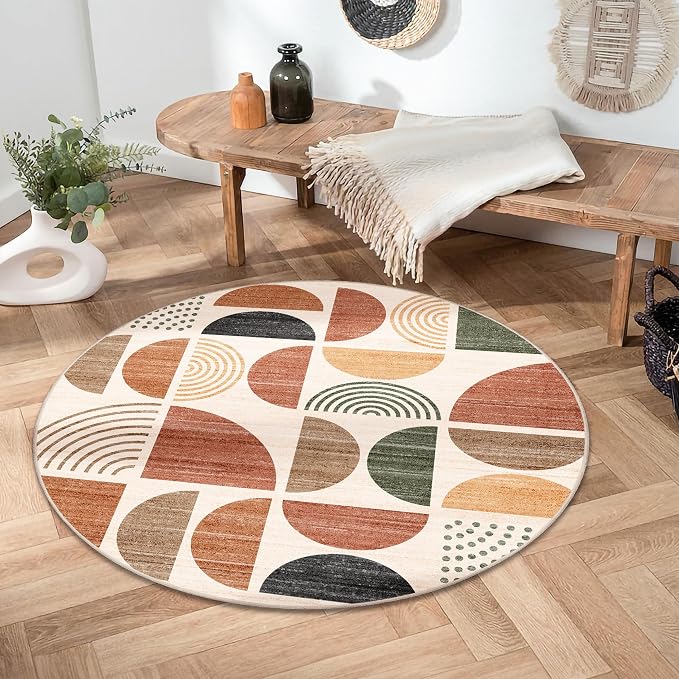 Round Rug 4ft Small Circle Area Rug Washable Non Slip Modern Abstract | Circular Rugs for Entryway Bedroom Kitchen Boho Throw Carpet Soft Low Pile Floor Indoor Bohemian Terracotta