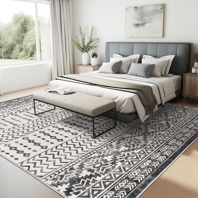 Art&Tuft 4x6 Area Rug Non Slip, Moroccan Washable Rugs for Bedroom, Black | Low Pile, Soft & Lighweight, Thin, Folable, Stain Resistant Indoor Carpet for Living Room, Kitchen, Coffee Table, Powder Room