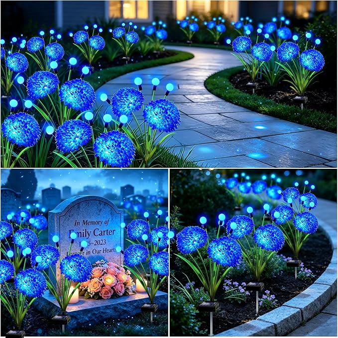 VOOKRY Solar Flowers Outdoor Waterproof, 4 Pack Blue Garden Lights with Swaying Firefly Lights, Flower Light Garden Decor for Yard Patio Pathway Lawn Grave, Gardening Gifts for Women Mother's Day