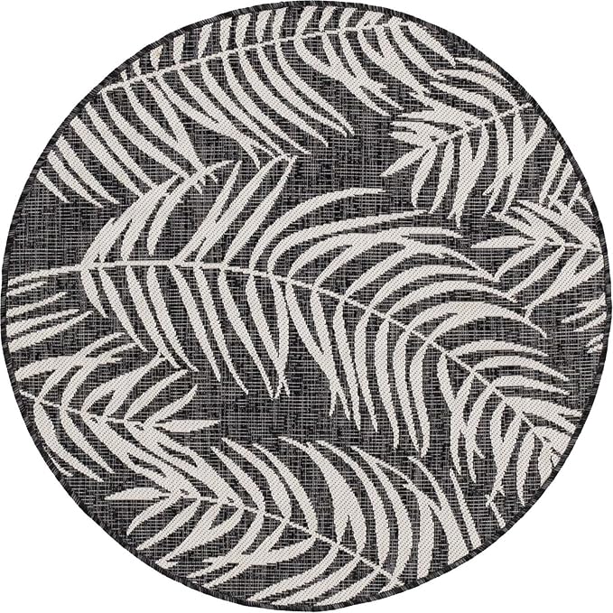 Unique Loom Outdoor Botanical Collection Area Rug - Palm (4' 1" Round, Charcoal/ Ivory)