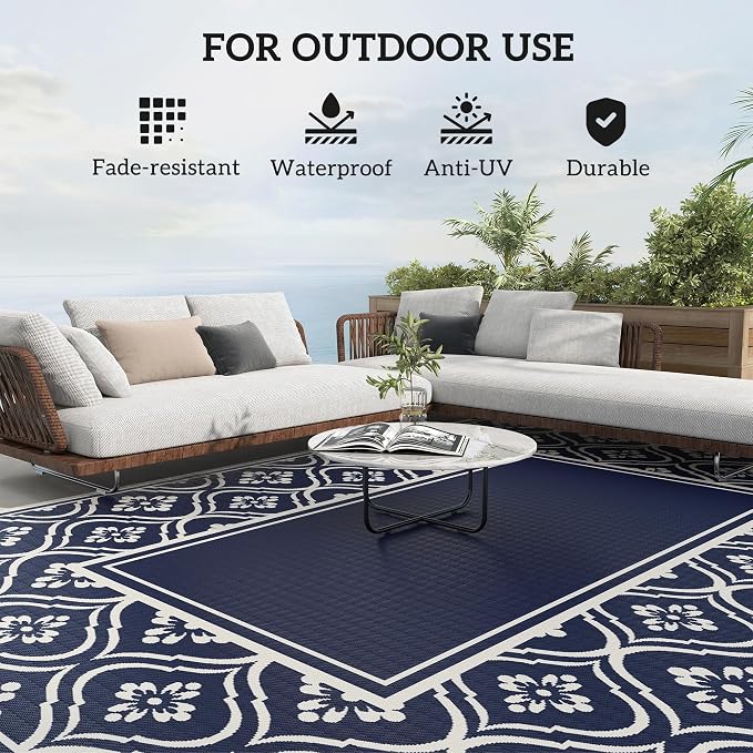 Outsunny Outdoor Rug for Patio, 9' x 12' Waterproof Large Mat, Reversible Plastic Straw Rug for Decor, Portable Outside RV Camping Area Carpet Mat for Backyard Porch Deck Picnic, Blue & White Gourd