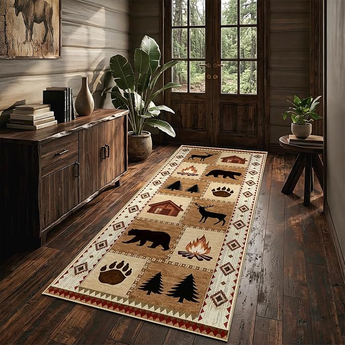 Cabin Bear Deer 2x6 Runner Rug Rustic Lodge Wildlife Hallway Rug Country Farmhouse Western Long Floor Carpet Machine Washable Non-Slip Printed Low-Pile for Kitchen Bedroom Bathroom Laundry