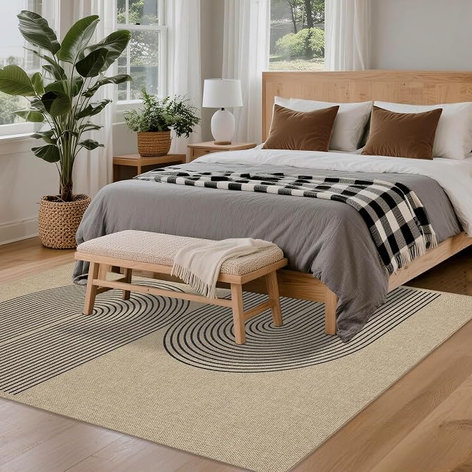Easy Jute Rug 5x7 Outdoor: Natural Area Rugs for Patio Linen-Look Fabric Durable - Washable Carpet for Living Room Bedroom - Black Stripes