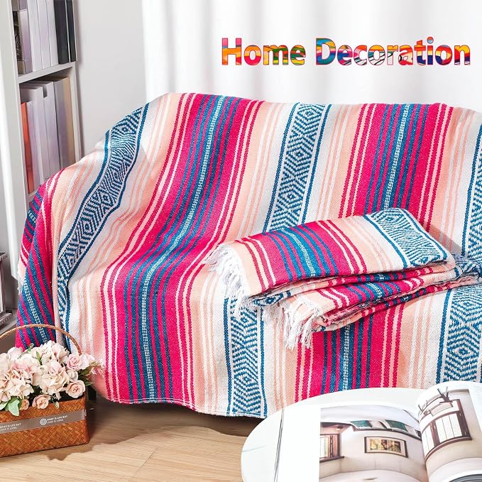 Oudain 3 Pack Mexican Blankets 45 x 70 Inch Woven Serape Throw Blanket, Baja Yoga Blanket for Beach Picnic Camping Boho Couch Decor Travel Outdoor (Fresh Color)
