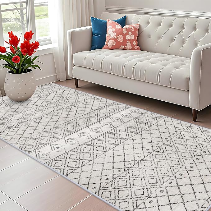 4x10 Moroccan Washable Non Slip Runner:Hallway Geometric Grey Rug | Pets Friendly Runner Rugs Low Pile Soft Indoor Floor Mat Front Door for Kitchen Bedroom Entryway Laundry