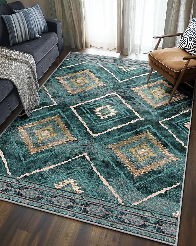 4'x6' Washable Area Rug for Living Room Bedroom Teal/Green | Soft Western No Slip Low Pile Print Foldable Indoor for Kitchen Dining Room