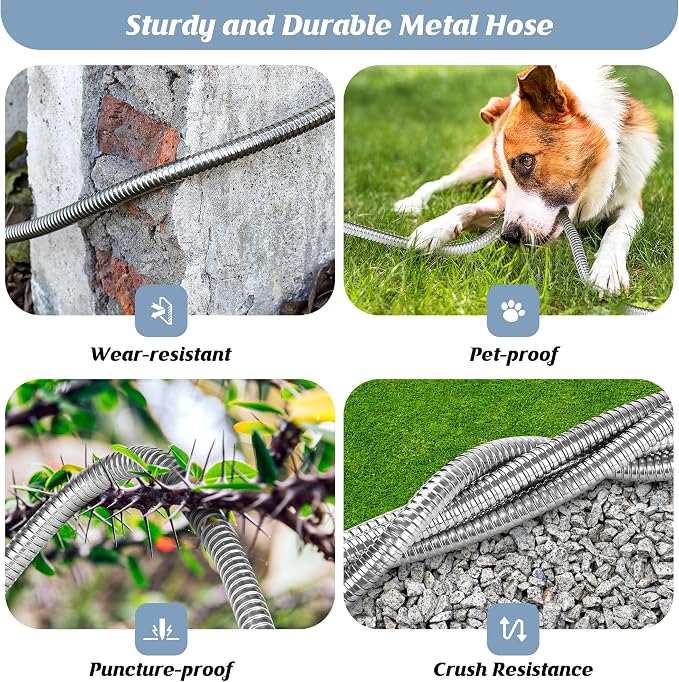 Garden Hose 100FT with 10 Function Nozzle, Water Hose with Leak-proof Connectors No-Kink Lightweight Puncture-proof Pet-proof Sturdy Hose for Outdoor Yard（Light Silver）