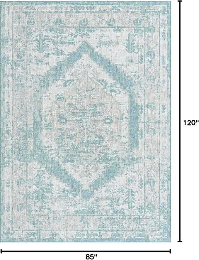 Unique Loom Outdoor Traditional Collection Area Rug - Valeria (7' 1" x 10' Rectangle, Aqua/ Ivory)