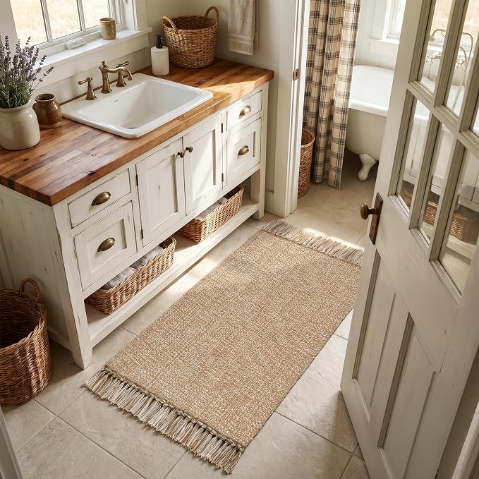 2' x 4.3' Indoor Outdoor Rug, Modern Farmhouse Kitchen Runner Rugs | Boho Hand-Woven Bathroom Mat, Soft Washable Front Door Mats, Low Profile Entry Rug for Laundry Bedroom Porch Decor, Tan/Cream