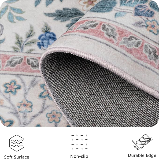 9x12 Area Rugs, Machine Washable Low Pile Floral Rugs for Living Room, Bedroom, Large Boho Area Rug with Non-Slip Backing for Dining Room(Pink Floral)