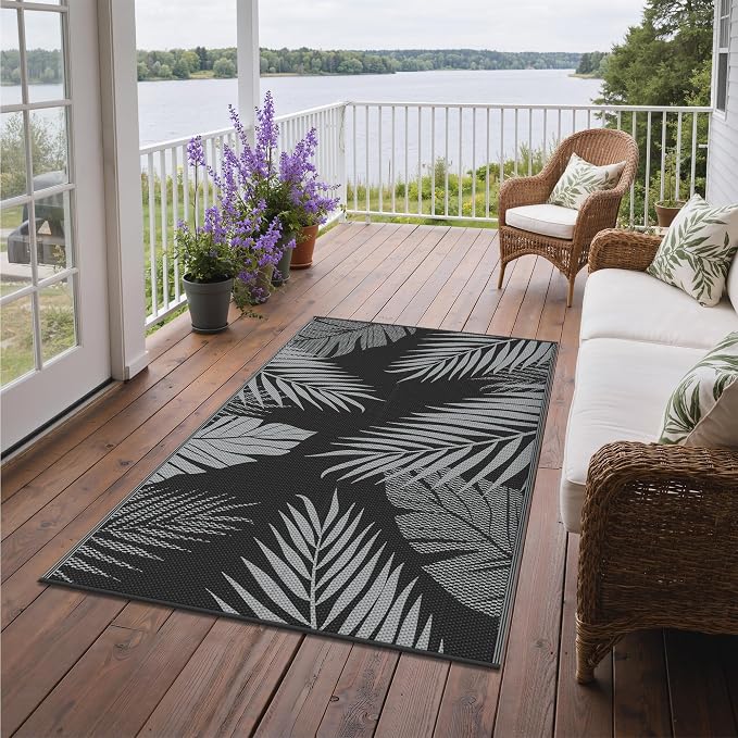 GENIMO Outdoor Rug 3' x 5' Waterproof for Patios Clearance, Reversible Outdoor Plastic Straw Camping Rug Carpet, Large Area Rugs Mats for RV, Camper, Deck, Balcony, Porch, Beach, Picnic, Black&Grey