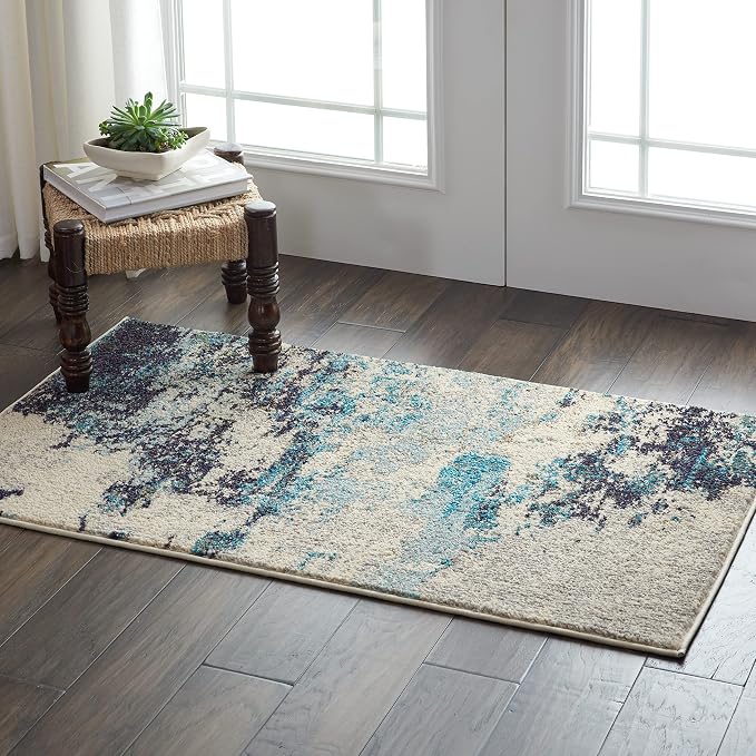 Nourison Home Celestial Ivory Teal Blue 2'2" x 3'9" Area Rug - Easy Clean, Non Shedding, Bed Room, Living Room, Dining Room, Kitchen (2' x 4')