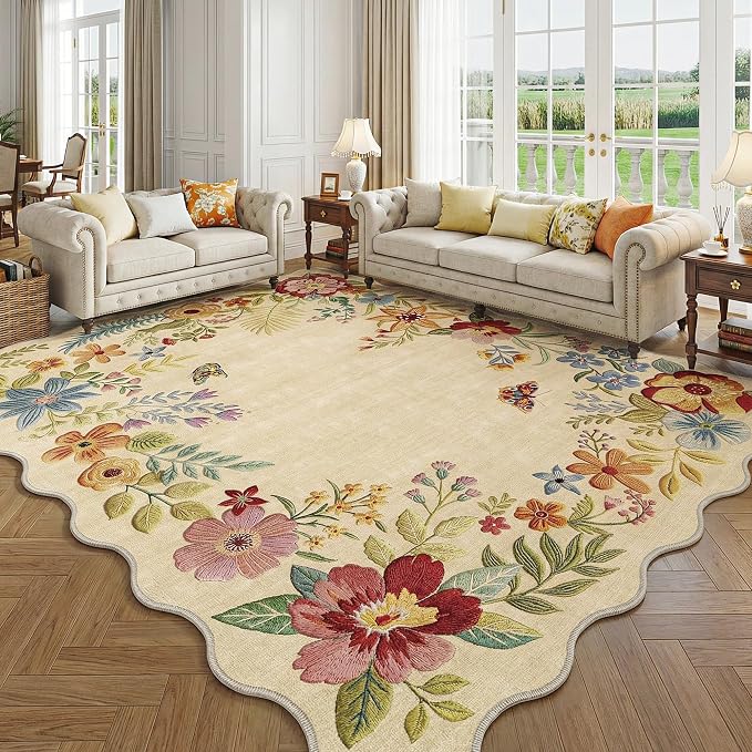 FMFUNCTEX 8x10 Washable Beige Floral Scalloped Area Rug for Living Room | Boho Vintage Flower Colorful Traditional Cream Soft Non Slip Low Pile Large Indoor Thin Carpet Bedroom Dining Room Nursery