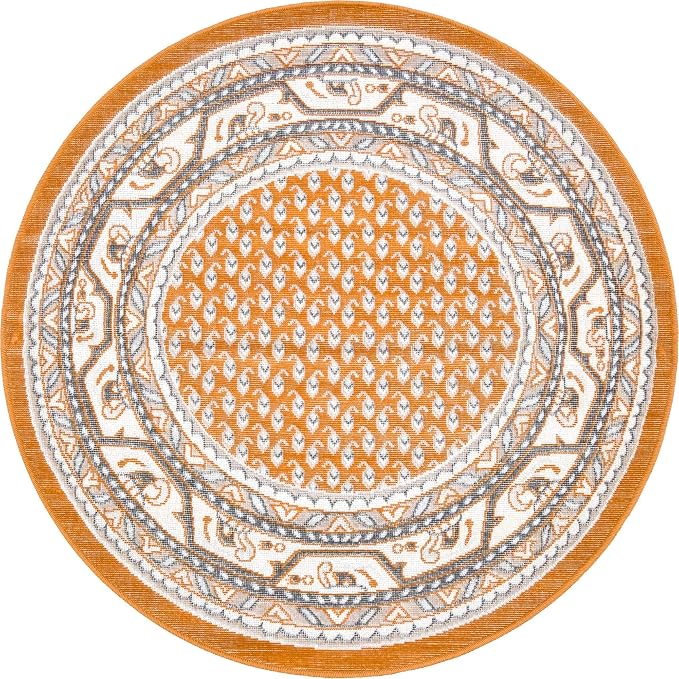 Unique Loom Williamsburg Collection Traditional Border with Dotted Center Area Rug, Round 3' 7" x 3' 7", Orange/Beige