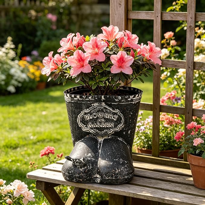 Vintage Distressed Boot Planter, Rustic Flowers & Garden Metal Rain Boot Plant Pot, Farmhouse Succulent Herb Planter for Indoor Outdoor Home Garden Patio Decor (Black - Small)