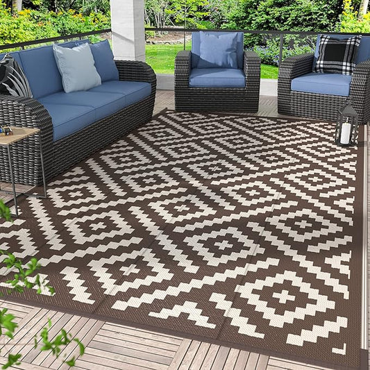 GENIMO 5'x8' Outdoor Rug Waterproof, Reversible Mats, Outdoor Area Rug, Plastic Outside Carpet, Geometric Rv Mat for Patio Camping Rv Picnic Backyard Deck Balcony Porch Beach Trailer (Coffee&Beige)