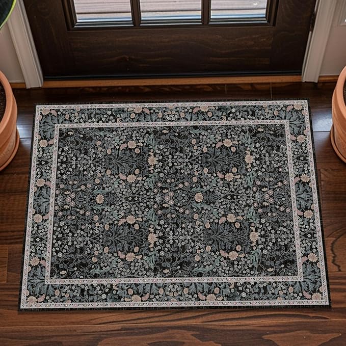 Washable 2x3 Entry Rug, Front Door Rugs Indoor, Vintage Floral Area Rugs for Kitchen, Non-Slip Bathroom Small Rugs, Perfect for Entryway Decor Door Mat (2x3 Black)