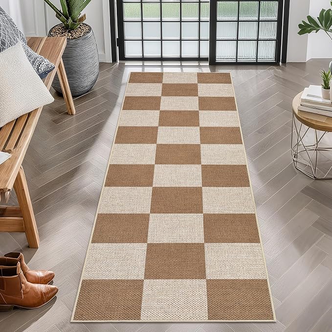 GarveeHome Easy Jute Rugs 2x8 Checkered Kitchen Runner Rugs Non Skid Washable Stain Resistant Indoor Outdoor Rugs for Living Room, Bedroom, Dining, Patio - Farmhouse Style Brown