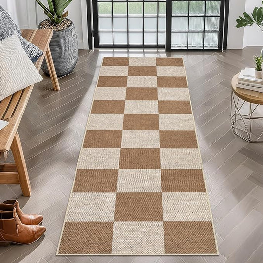 GarveeHome Easy Jute Rugs 2x8 Checkered Kitchen Runner Rugs Non Skid Washable Stain Resistant Indoor Outdoor Rugs for Living Room, Bedroom, Dining, Patio - Farmhouse Style Brown