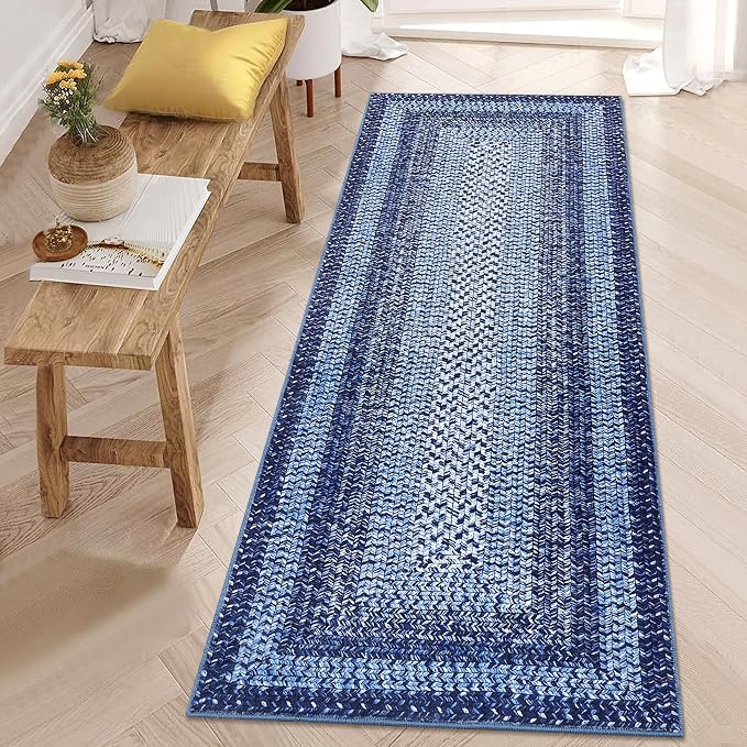 RUGSREAL Braided Print Runner Rug 2x8 Machine Washable Hallway Runner Rugs | Entryway Long Throw Carpet Non Slip Kitchen Mat Living Room Rustic Carpet for Bedroom Dining Room, Navy