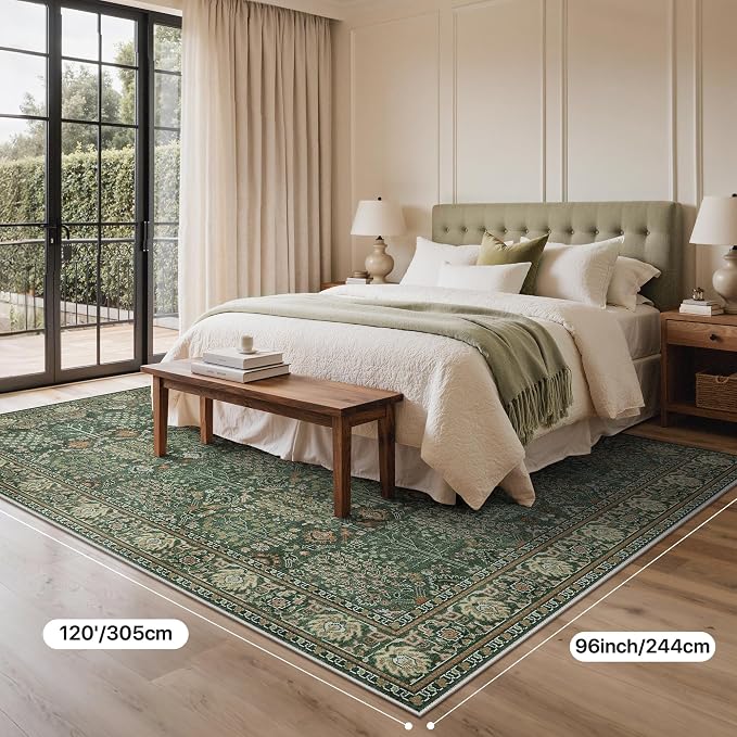Washable Rugs 8x10 for Living Room, Low Pile, Forest Green | Vintage Distressed Design Area Rug, Spill Resistant Lightweight Non-Shedding Carpet for Bedroom, Dining Room, Office