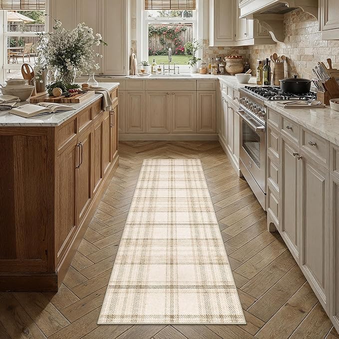 2x6 Beige Plaid Kitchen Runner Rug | Washable, Low Pile, Modern, Neutral, Soft, Non Slip, Rug for Hallway Bathroom Bedroom Nursery Indoor Home Decor