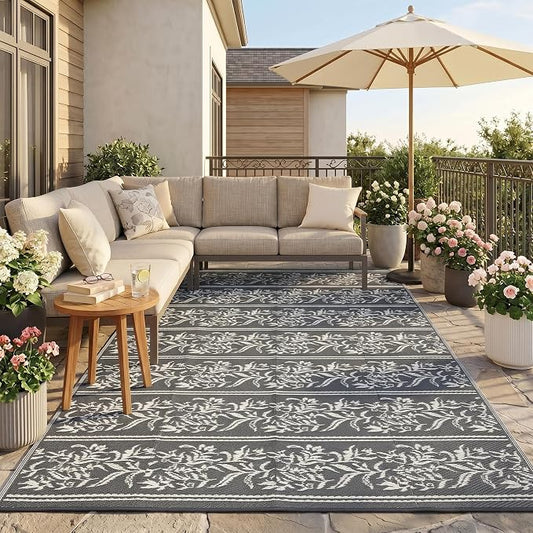 Garvee Outdoor Rugs 8x10 Waterproof Reversible Mat Boho Leaf Patio Rug with 4 Stakes and Starage Bag, Large Outdoor RV Mat Rugs for Camping, Picnic, Balcony, Deck, Backyard, Grey & White