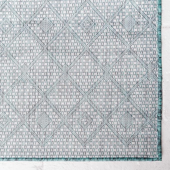 Unique Loom Outdoor Trellis Collection Area Rug - Tribal Trellis (7' 10" Square, Teal/ Ivory)