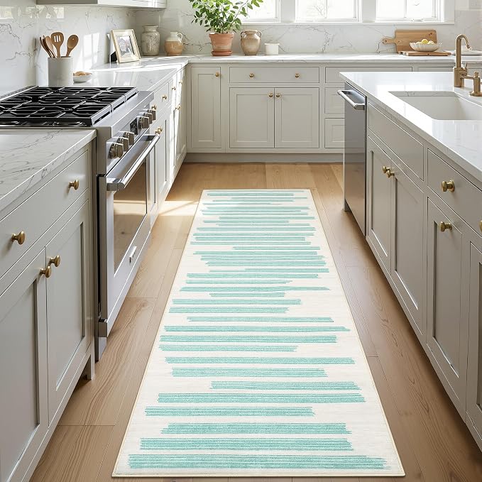 GarveeHome 2x6 Green Runner Rug for Hallway Striped Non Slip Kitchen Rug | Non-Slip Washable Low Pile Carpet for Bedroom Entryway Stain Resistant Foldable Soft Enreyway Rugs