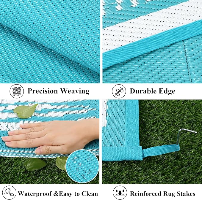 Bsmathom Waterproof Outdoor Rug 9x12ft Large Reversible Boho Plastic Straw Patio Deck Camping Rugs, Indoor Outdoor Portable RV Mat Carpet for Outside, Porch, Balcony, Backyard, Beach, Pool,Teal