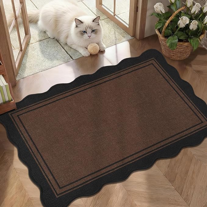 Easy Jute Kitchen Rug 2x3 Front Door Mat Washable Non Slip Entryway Rug Farmhouse Neutral Low Pile Scalloped Carpet for Entryway Proch Doorway