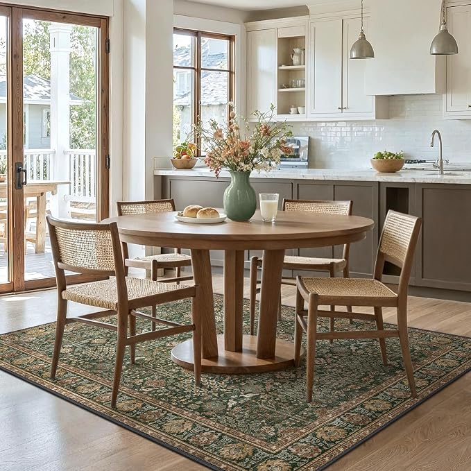5x7 Washable Area Rug for Living Room, Non Slip, Dark Green Brown | Vintage Floral, Spill Resistant, Lightweight Ultra-Thin Carpet for Bedroom, Dining Room and Office