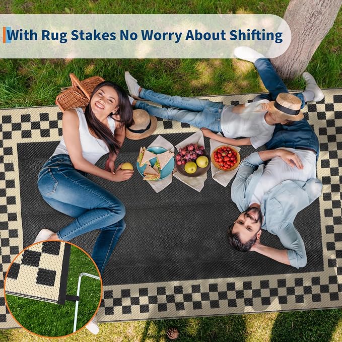Outdoor Rug 8x10 Waterproof Patio Rugs Modern Geometric Border Reversible Mat for Front Door Rv Foldable Plastic Straw Carpet for Travel Trailers, Deck, Camper, Balcony, Beach，Black/Coffee