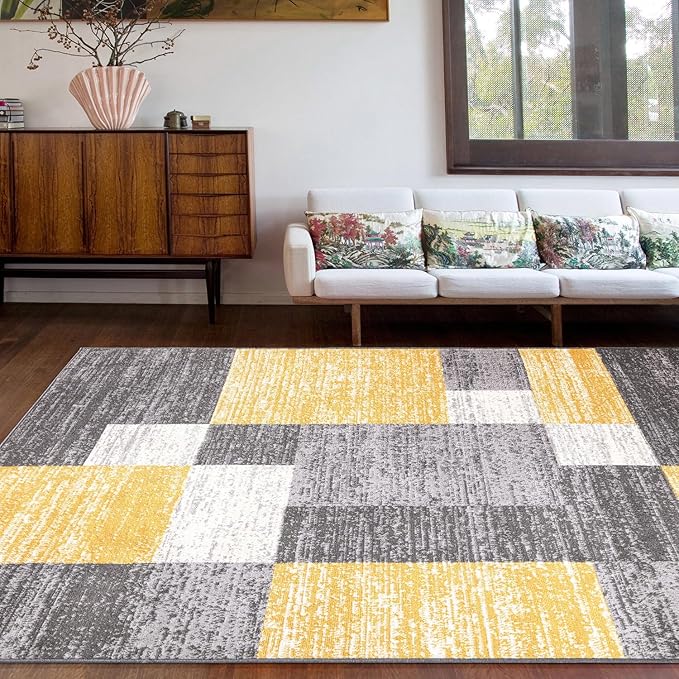 Rugshop Geometric Boxes Oslo Modern Non-Shedding Area Rug Yellow 5' x 7' | Rectangular, Size 5' x 7', Living Room, Bedroom, Dining Room, Home Office, Kitchen, Entryway, Hallway, Nursery, Kids Room