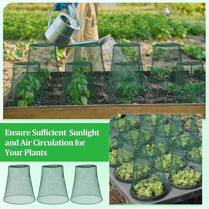 Therwen 15 Pcs Large Plant Wire Cloche 11 x 12 Inch Metal Garden Cloche with Garden Stakes Plant Protector from Animals for Keeping Bunnies Chicken Squirrels Birds (Green)